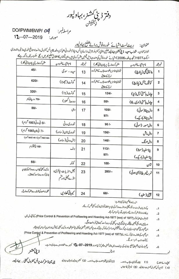 بہاول پور بہاولپور ضلعی انتظامیہ کی جانب سے لیسٹ براٸے اشیا۶ خوردو نوش سے متعلق نوٹیفیکیشن جاری۔